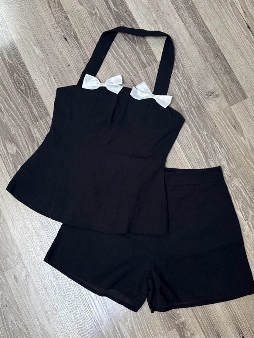 Black Halter Top & Shorts Set with White Bow Accents